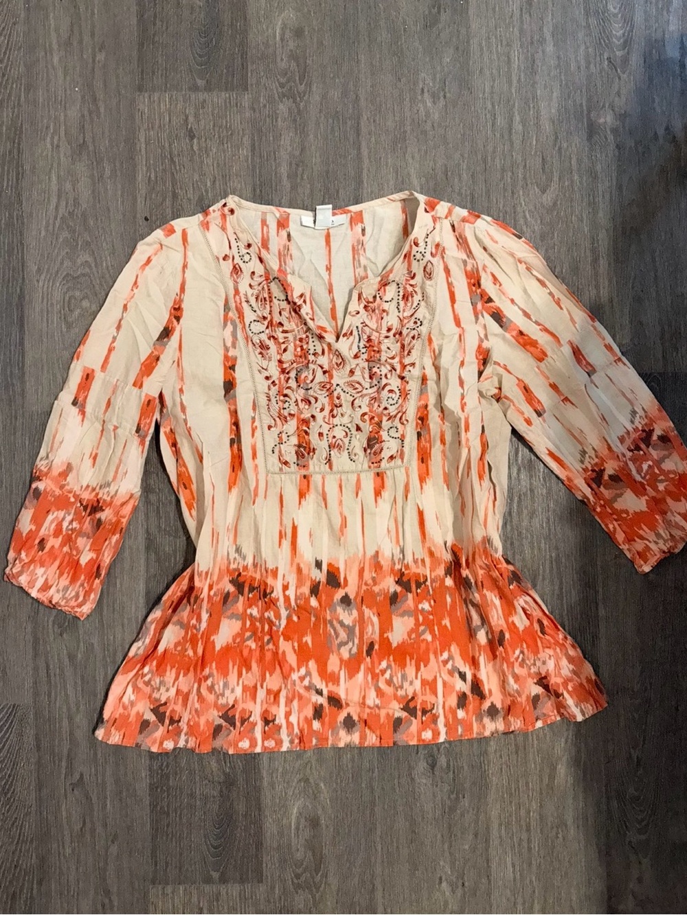 Women’s Style & Co Orange and Cream Peasant Blouse - Embroidered V-Neck